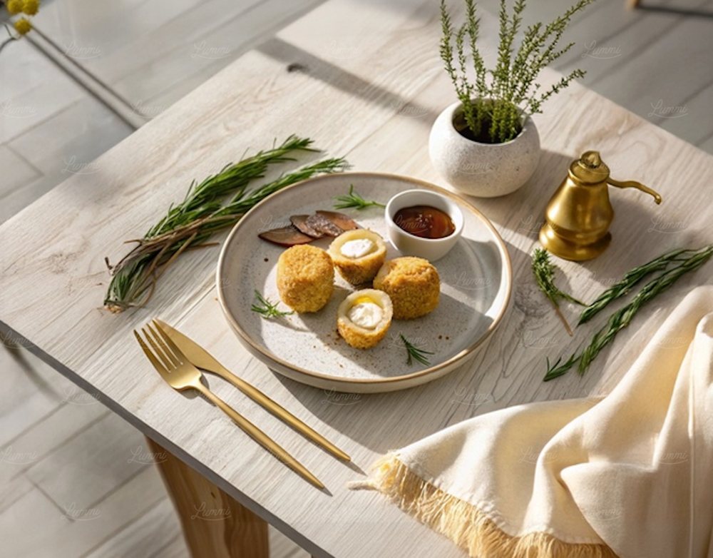 A plated dessert on a linen-set café table