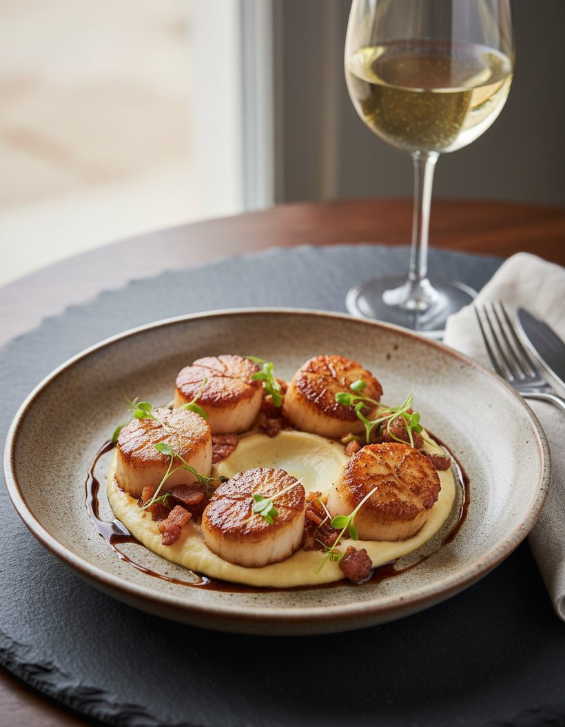 Seared scallops over cream — the Wasabi Cream Udon at Tinello
